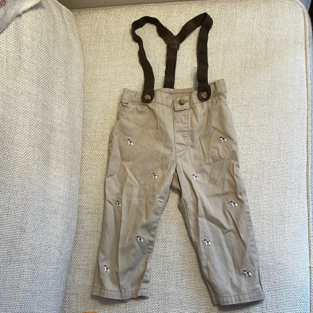 Janie & Jack beagle print khaki suspender pants